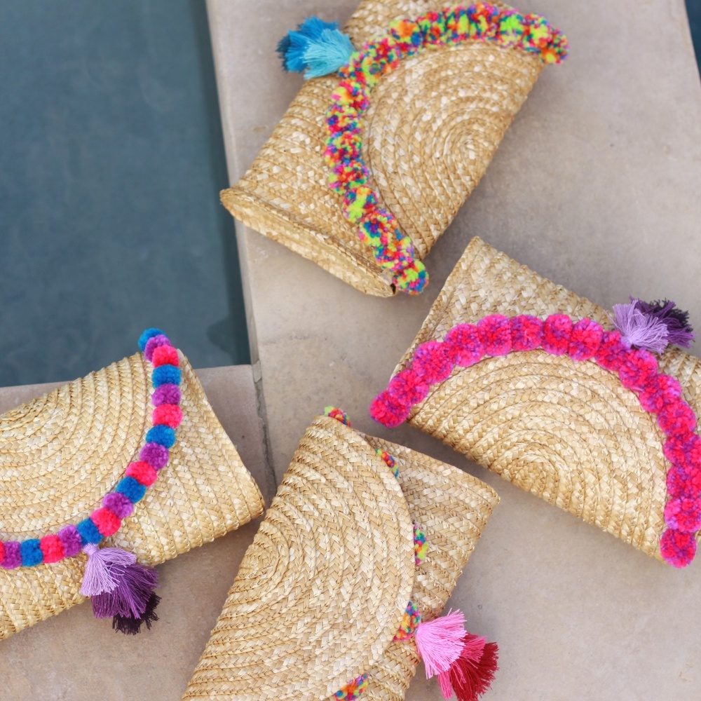 NEW  straw clutches with pompoms and tassel